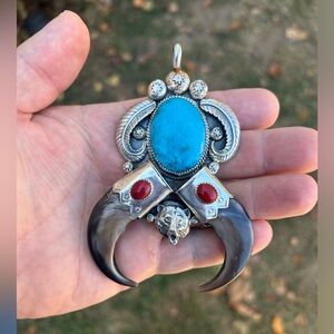 STERLING SILVER NATIVE AMERICAN TURQUOISE CORAL HUGE DOUBLE BEAR CLAW PENDANT